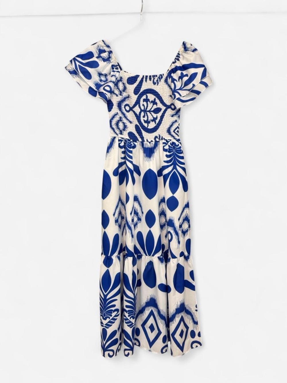 Blue and White Maxi Dress with ruffle sleeves